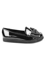 AMITY SLIP ON LOAFER SLIDER WITH BOW DETAIL IN BLACK PATENT