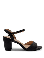 PAITYN BUCKLE UP LOW BLOCK HEEL SANDAL IN BLACK GLITTER