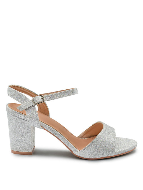 PAITYN BUCKLE UP LOW BLOCK HEEL SANDAL IN MOON SILVER GLITTER