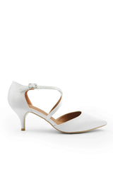 KENNEDI WIDE FIT LOW KITTEN HEEL WITH CROSSOVER STRAP IN OFF WHITE SATIN SILK