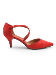 KENNEDI LOW KITTEN HEEL WITH CROSSOVER STRAP IN ROUGE RED SUEDE