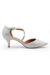 KENNEDI LOW KITTEN HEEL WITH CROSSOVER STRAP IN SILVER GLITTER