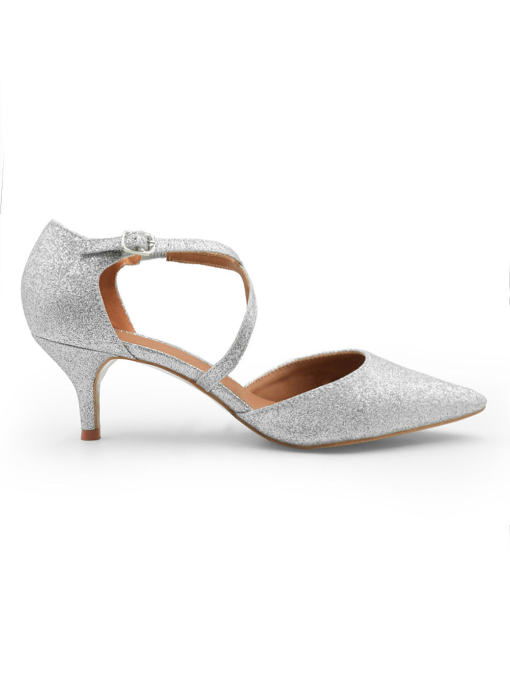 KENNEDI LOW KITTEN HEEL WITH CROSSOVER STRAP IN SILVER GLITTER