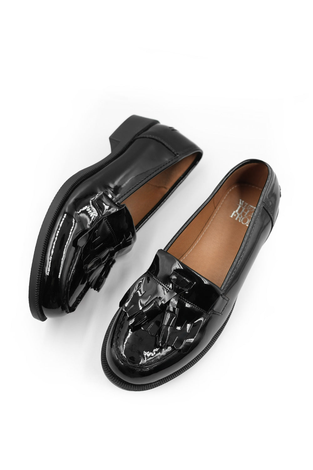 IMOGEN FLATFORM SLIP ON LOAFERS SHOES WITH TASSLE IN BLACK PATENT FAUX LEATHER