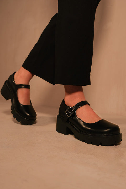 RYLEE CHUNKY PLATFORM BLOCK HEEL RETRO SHOES IN BLACK FAUX LEATHER