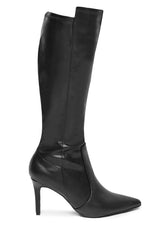 MARTA POINTED TOE CALF HIGH BOOTS WITH SIDE ZIP IN BLACK FAUX LEATHER