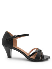 ARTEMIS MID HIGH HEEL WITH BUCKLE ANKLE STRAP IN BLACK GLITTER