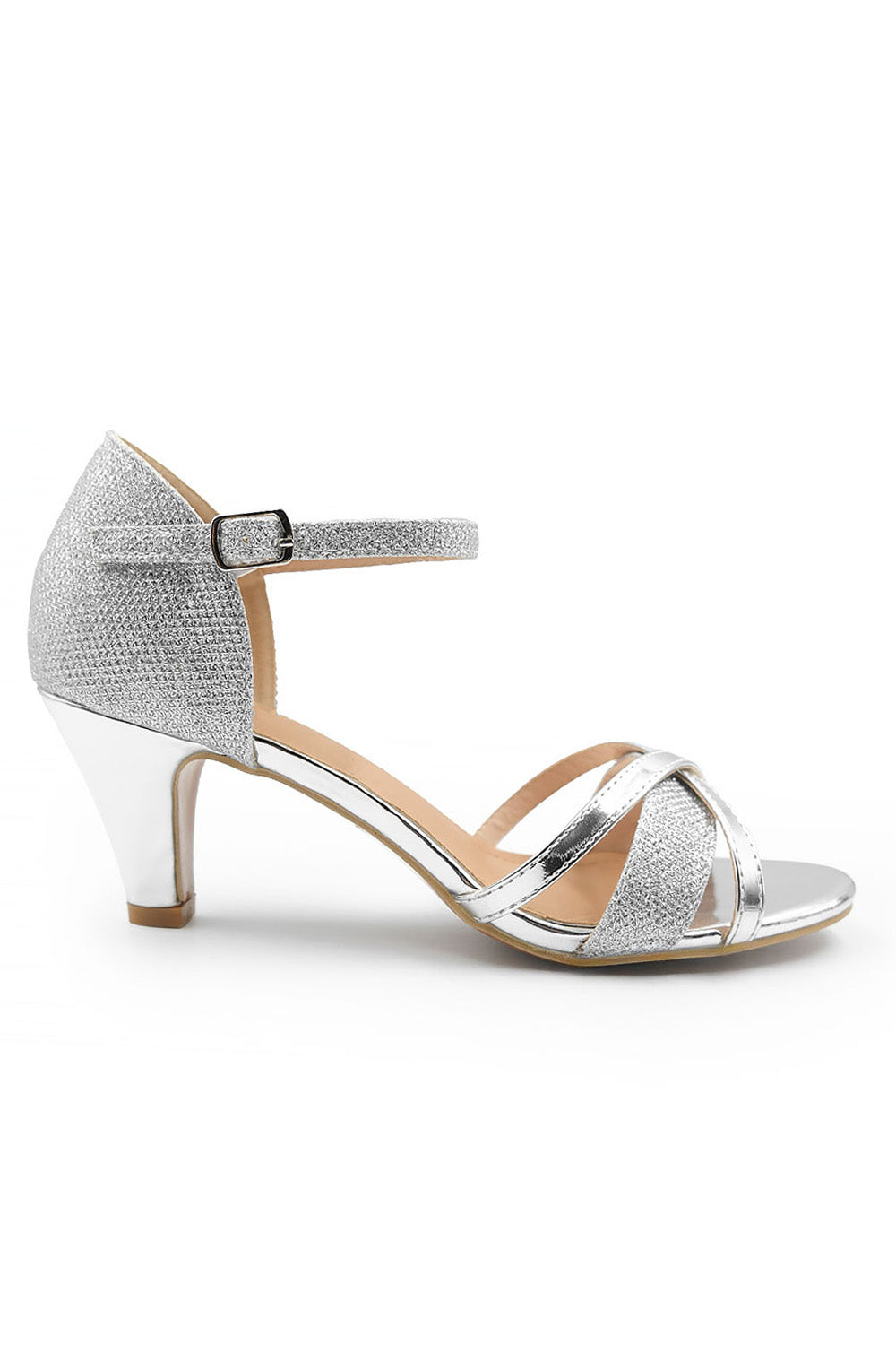 RAELYNN MID HIGH HEEL WITH BUCKLE ANKLE STRAP IN SILVER GLITTER