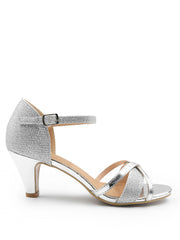 ARTEMIS MID HIGH HEEL WITH BUCKLE ANKLE STRAP IN MOON SILVER GLITTER