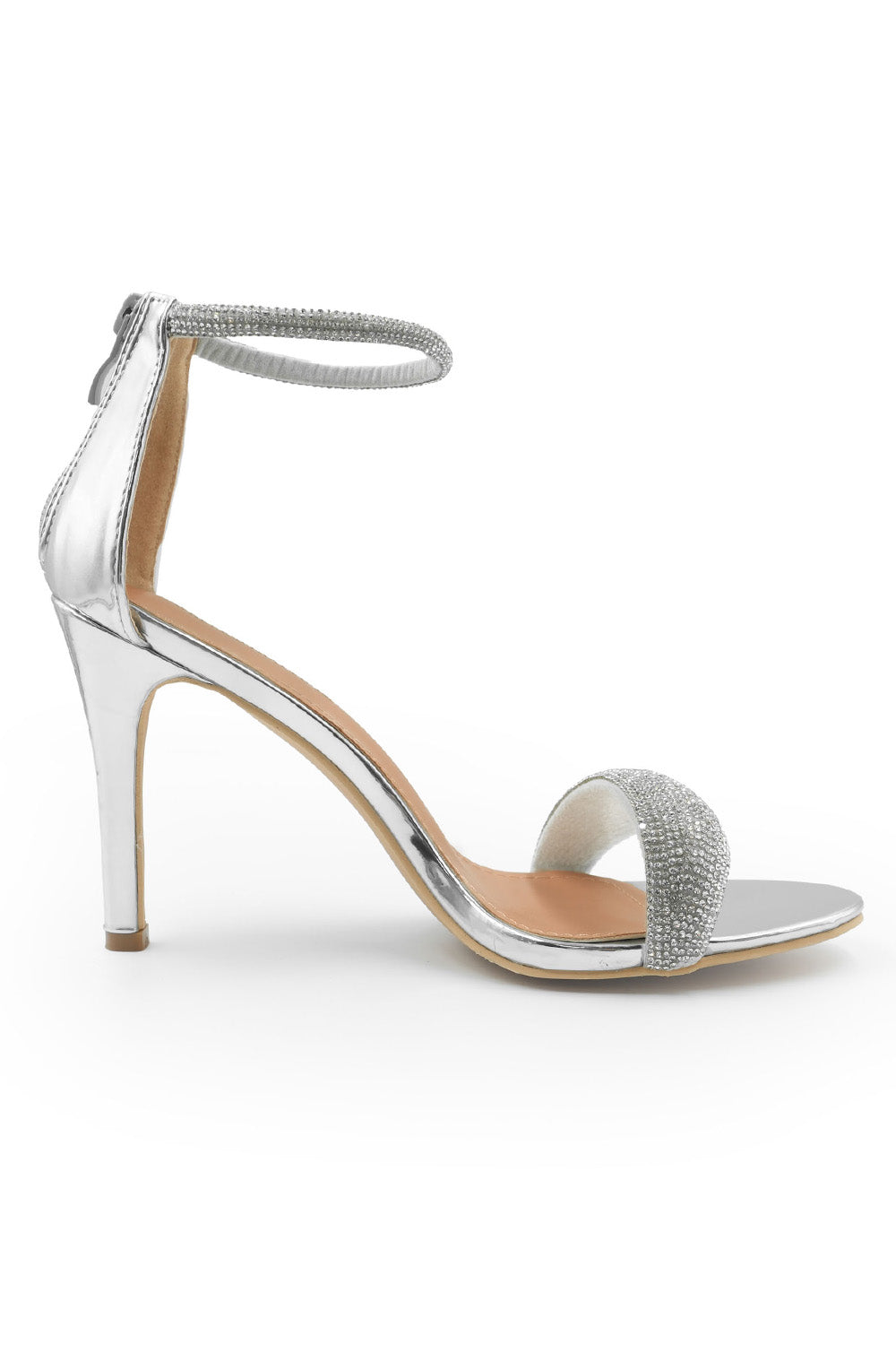 SABRA HIGH HEEL SANDALS WITH DIAMANTE ANKLE STRAP IN MOON SILVER FAUX Where s That From UK