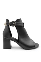 LISA BLOCK HEEL WITH SIDE BUCKLE AND OPEN TOE FRONT IN BLACK FAUX LEATHER