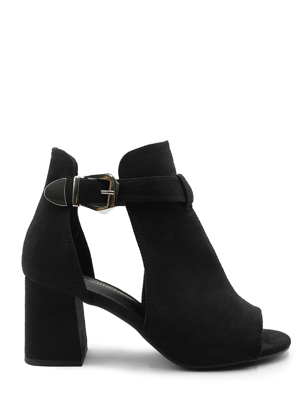 LISA BLOCK HEEL WITH SIDE BUCKLE AND OPEN TOE FRONT IN BLACK SUEDE