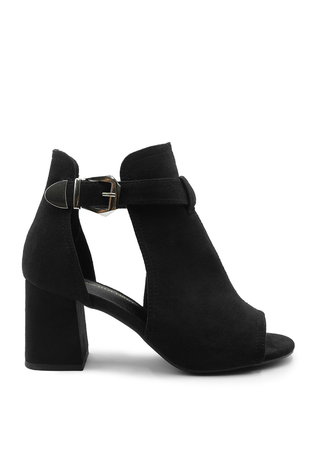 LISA BLOCK HEEL WITH SIDE BUCKLE AND OPEN TOE FRONT IN BLACK SUEDE