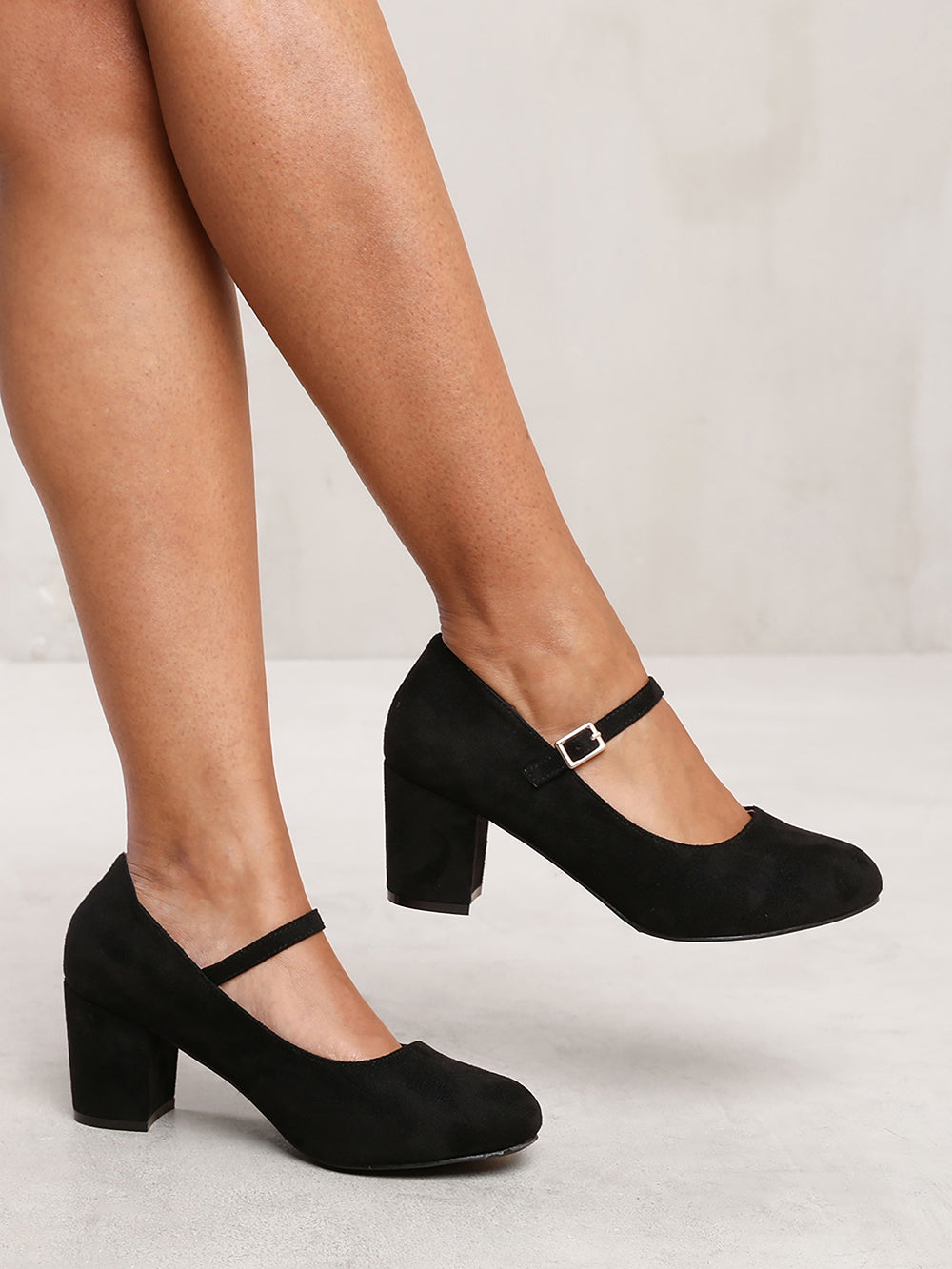 ARACELI BLOCK HEEL MARY JANE PUMPS IN BLACK FAUX SUEDE