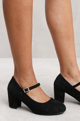 ARACELI BLOCK HEEL MARY JANE PUMPS IN BLACK FAUX SUEDE