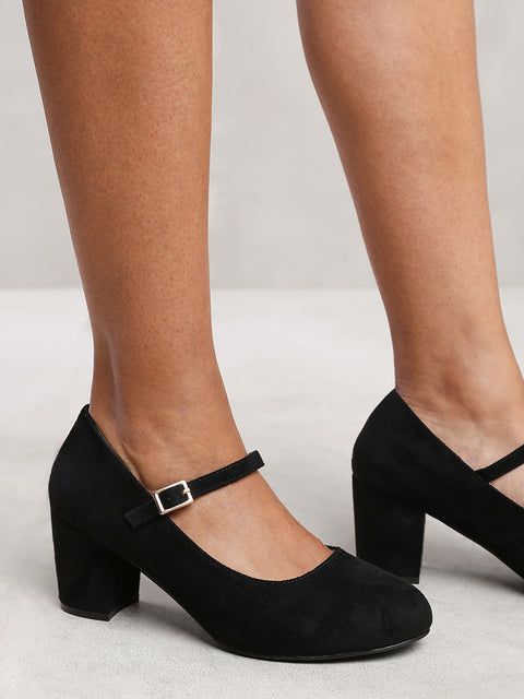 ARACELI BLOCK HEEL MARY JANE PUMPS IN BLACK FAUX SUEDE