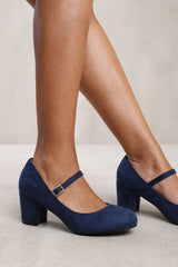 ARACELI BLOCK HEEL MARY JANE PUMPS IN NAVY BLUE FAUX SUEDE