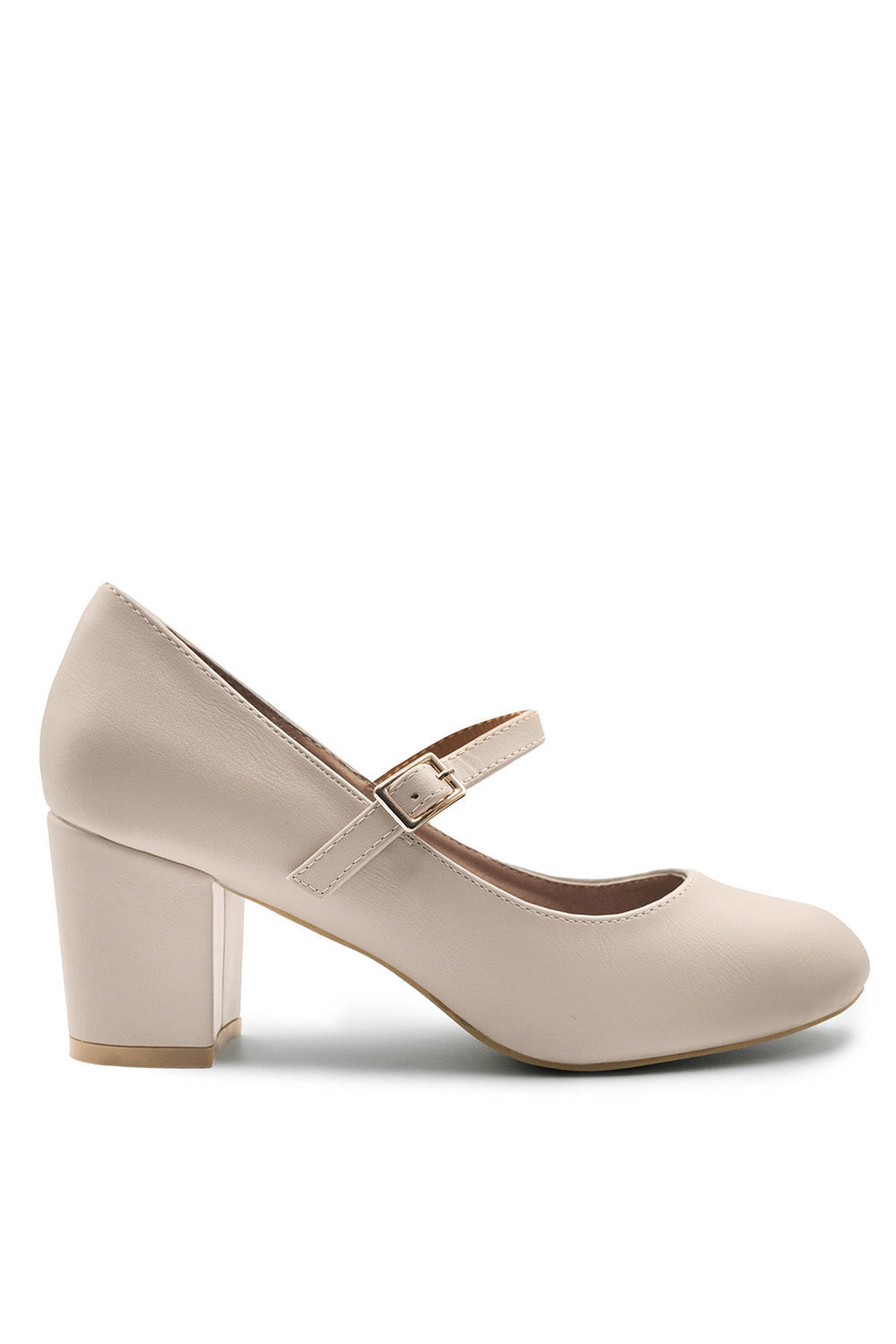 ARACELI WIDE FIT BLOCK HEEL MARY JANE PUPMS IN NUDE FAUX LEATHER