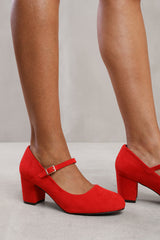 ARACELI BLOCK HEEL MARY JANE PUPMS IN ROUGE RED FAUX SUEDE