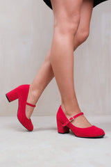 ARACELI EXTRA WIDE FIT BLOCK HEEL MARY JANE PUMPS IN RED SUEDE