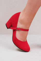 ARACELI EXTRA WIDE FIT BLOCK HEEL MARY JANE PUMPS IN RED SUEDE