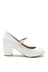 ARACELI WIDE FIT BLOCK HEEL MARY JANE PUMPS IN WHITE FAUX LEATHER