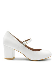 ARACELI BLOCK HEEL MARY JANE PUPMS IN WHITE FAUX LEATHER