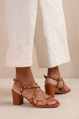 INTENSE STRAPPY BLOCK HEEL SANDALS WITH STUD DETAIL IN TAN FAUX LEATHER