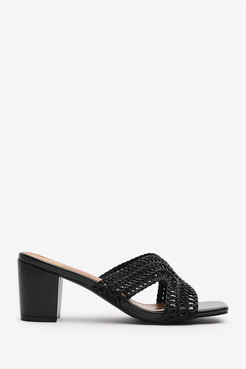 Summer Woven Strap Block Heel Slides in Black Faux Leather