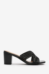 Summer Woven Strap Block Heel Slides in Black Faux Leather