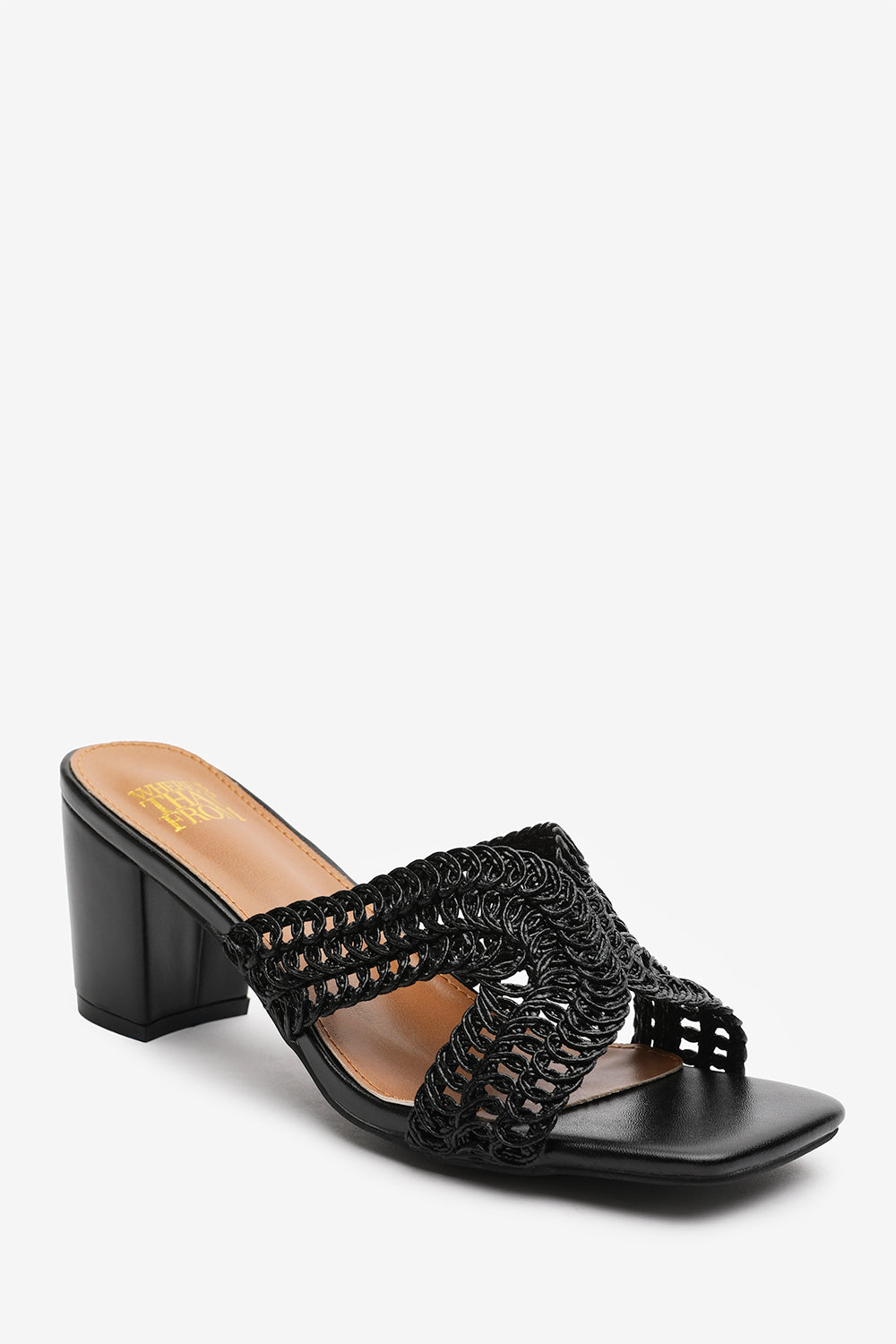Summer Woven Strap Block Heel Slides in Black Faux Leather