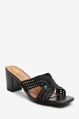 Summer Woven Strap Block Heel Slides in Black Faux Leather