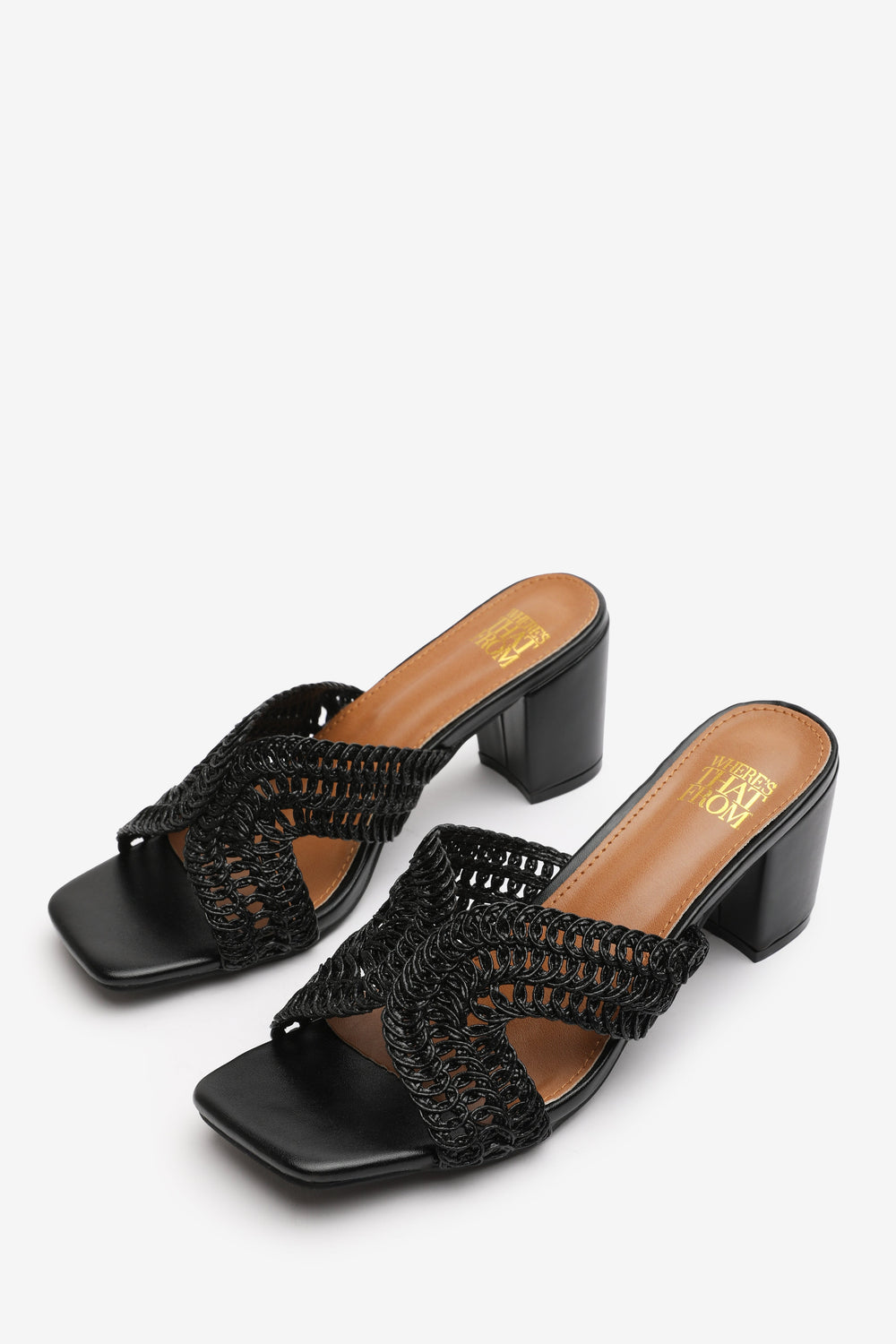 Summer Woven Strap Block Heel Slides in Black Faux Leather