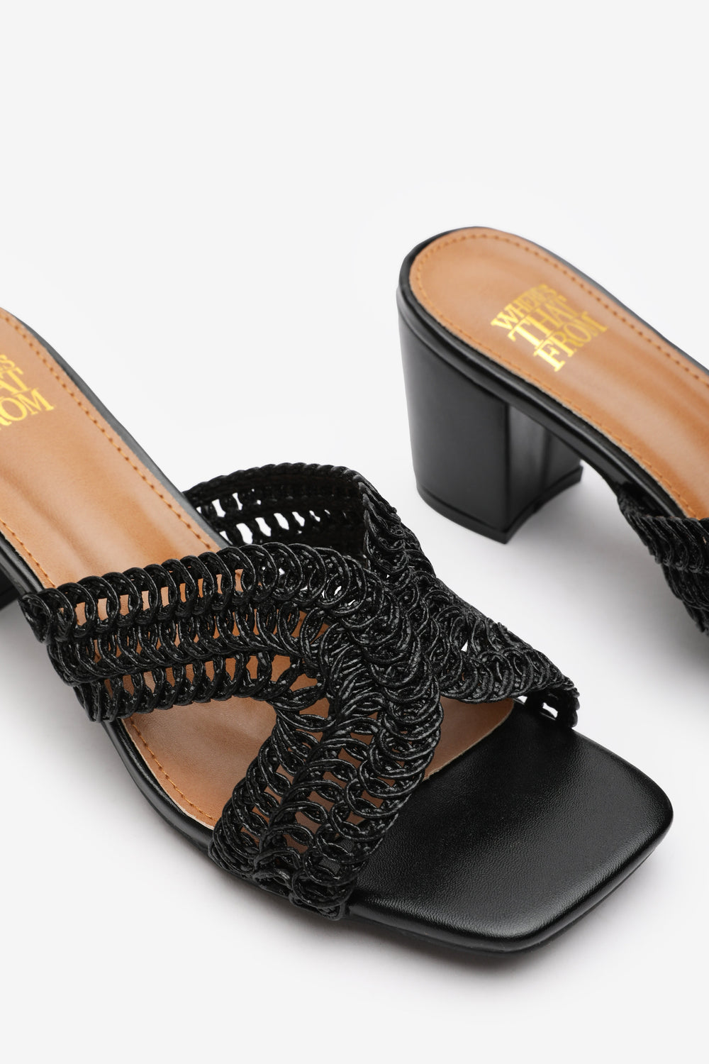 Summer Woven Strap Block Heel Slides in Black Faux Leather