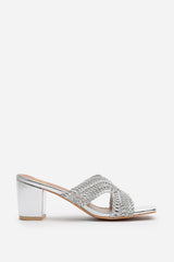 Summer Woven Strap Block Heel Slides in Silver Metallic Faux Leather