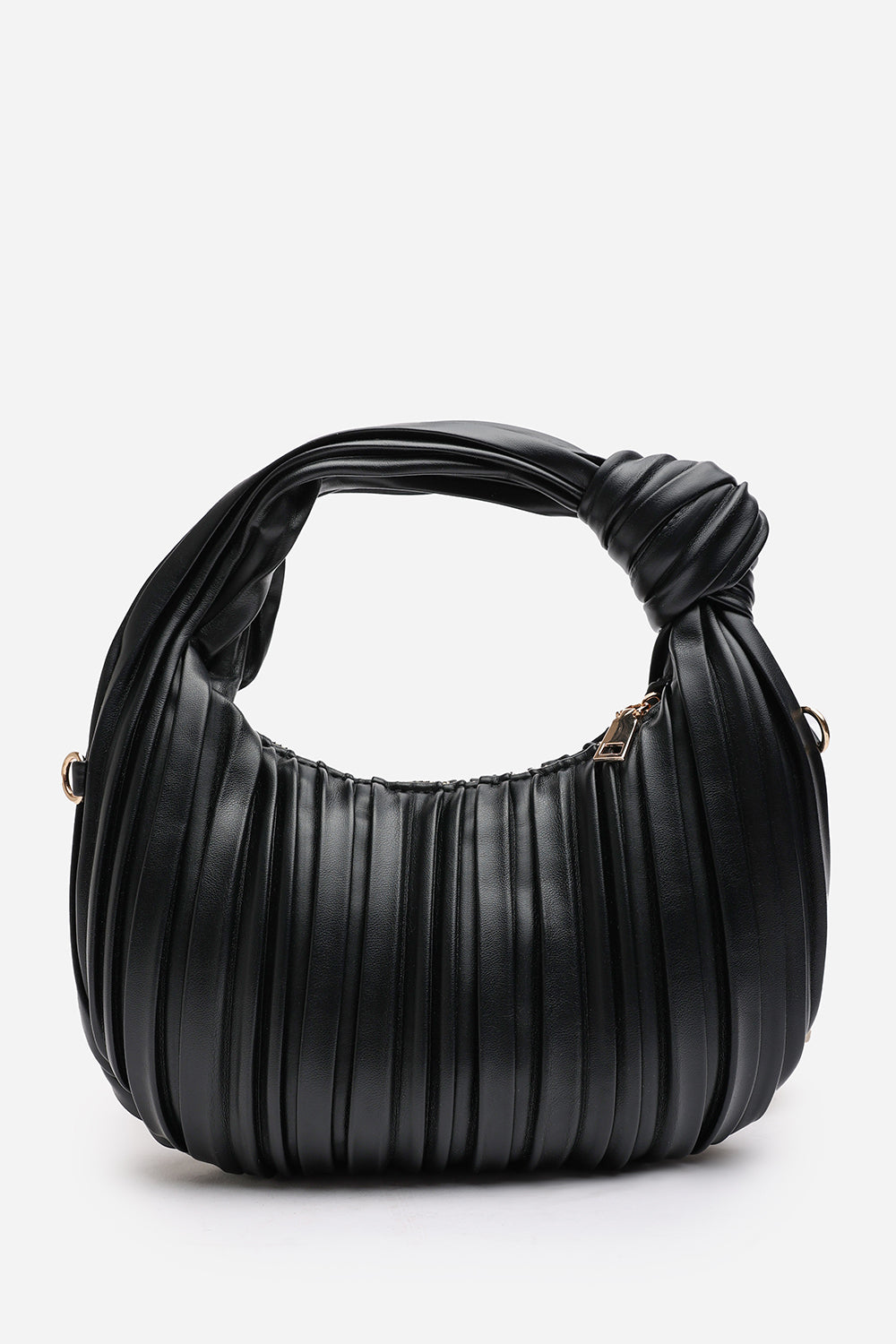 Glow Pleated Knot Handle Shoulder Bag With Gold Chain In Black