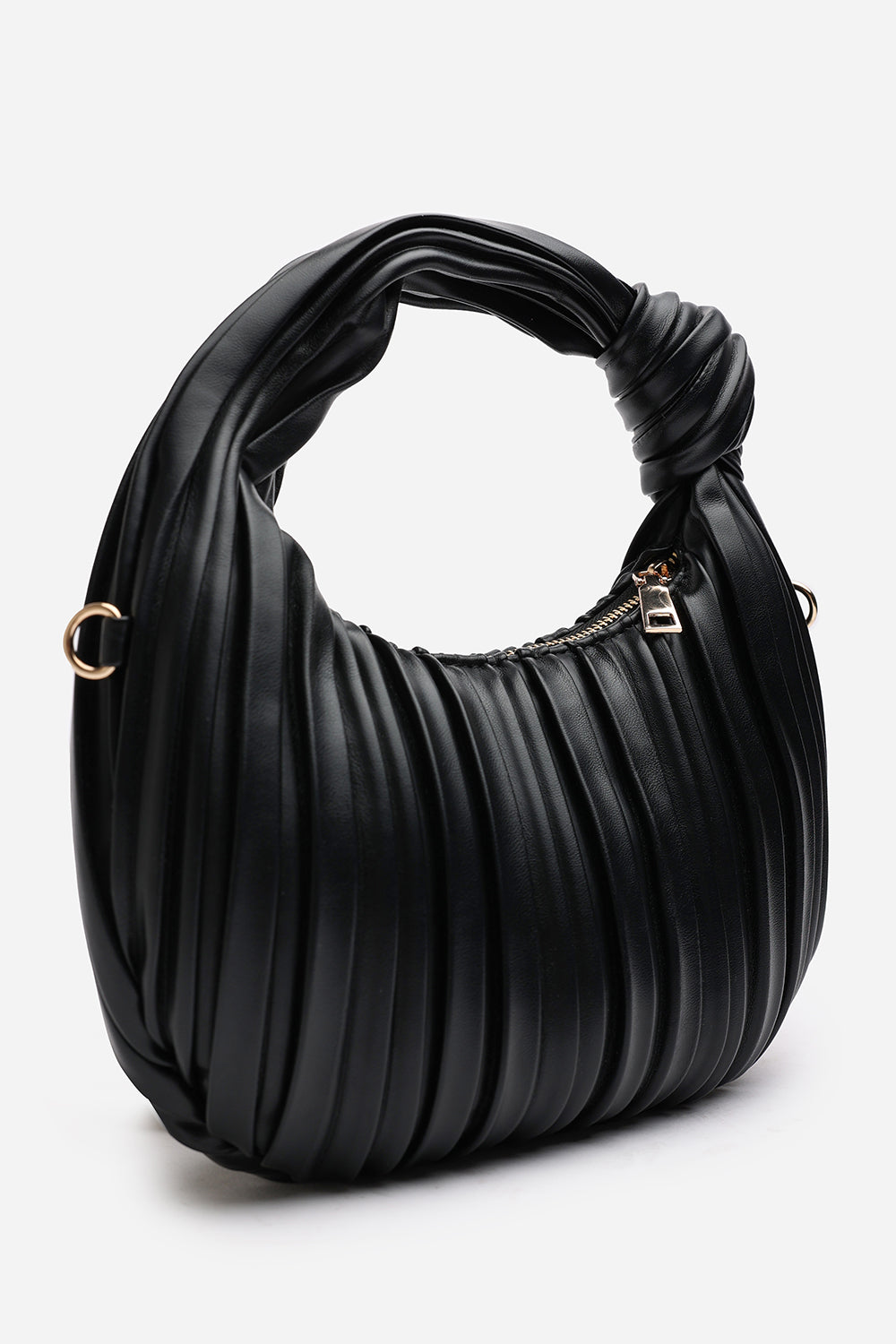 Glow Pleated Knot Handle Shoulder Bag With Gold Chain In Black