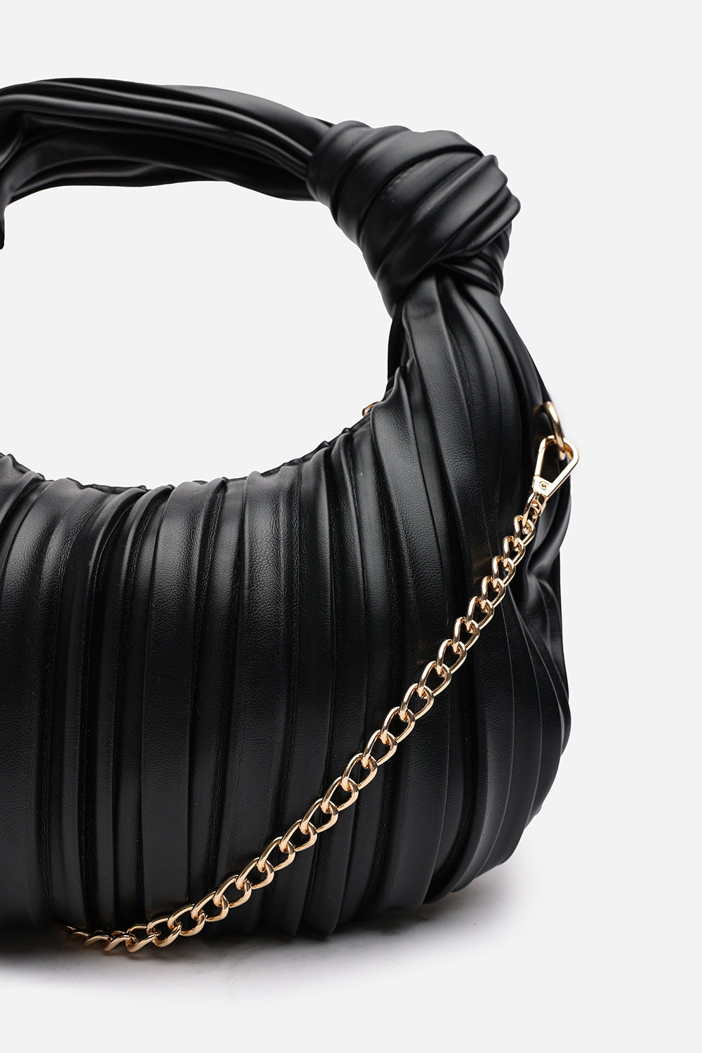 Glow Pleated Knot Handle Shoulder Bag With Gold Chain In Black