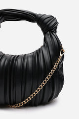 Glow Pleated Knot Handle Shoulder Bag With Gold Chain In Black