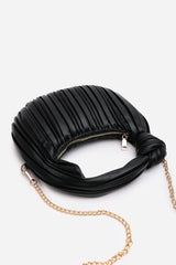 Glow Pleated Knot Handle Shoulder Bag With Gold Chain In Black