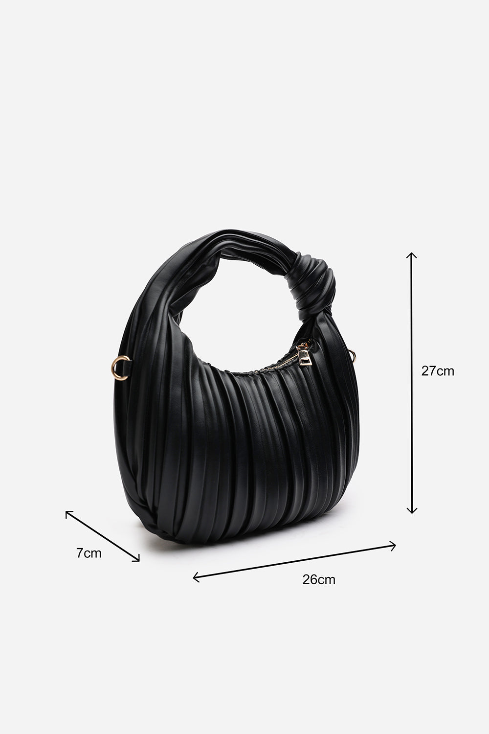Glow Pleated Knot Handle Shoulder Bag With Gold Chain In Black