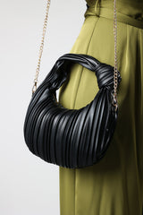 Glow Pleated Knot Handle Shoulder Bag With Gold Chain In Black