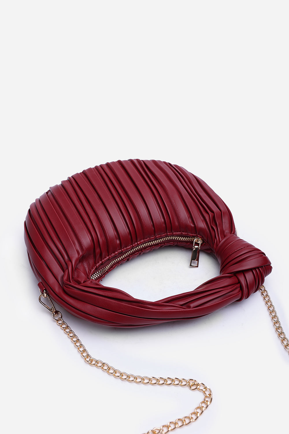 Glow Pleated Knot Handle Shoulder Bag With Gold Chain In Cherry Red