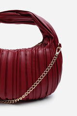 Glow Pleated Knot Handle Shoulder Bag With Gold Chain In Cherry Red