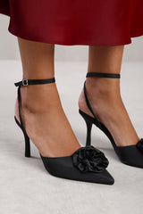 VIENNA POINTED TOE HEEL WITH FLOWER DETAIL IN BLACK SATIN