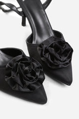 VIENNA POINTED TOE HEEL WITH FLOWER DETAIL IN BLACK SATIN