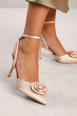 JEMMA POINTED TOE HEEL WITH FLOWER DETAIL IN CREAM SATIN