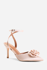 JEMMA POINTED TOE HEEL WITH FLOWER DETAIL IN CREAM SATIN