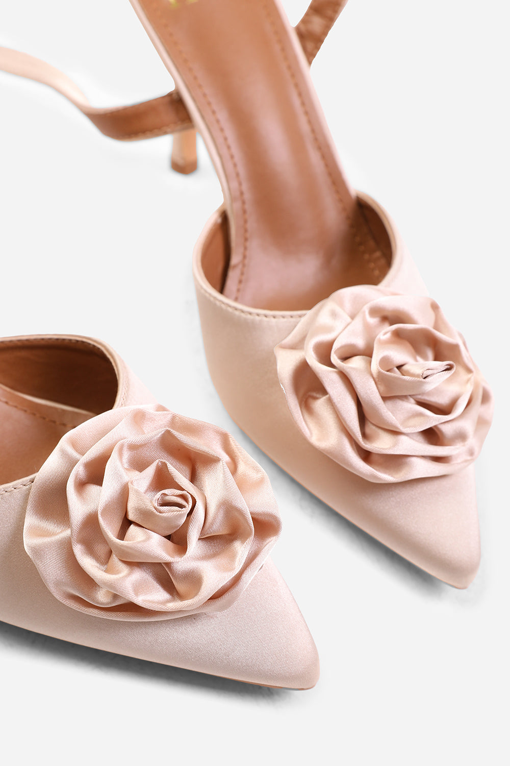 JEMMA POINTED TOE HEEL WITH FLOWER DETAIL IN CREAM SATIN