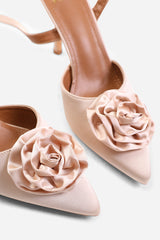 JEMMA POINTED TOE HEEL WITH FLOWER DETAIL IN CREAM SATIN